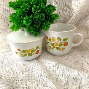 Vintage Corelle 'Strawberry Sundae' sugar bowl and creamer set.